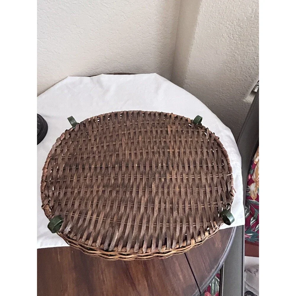 Vintage Wicker Oval Pine Cone Basket Green Metal Handles Stamped Pine Cones READ